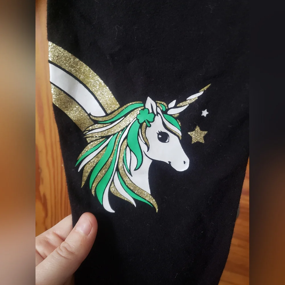 NWOT Justice Black Leggings with Unicorn Rainbow Shamrock St Patricks Print 10
